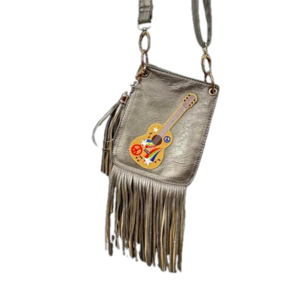 Champagne Rocker Faux Leather with Guitar and Fringe Metallic Crossbody - Picture 1 of 7